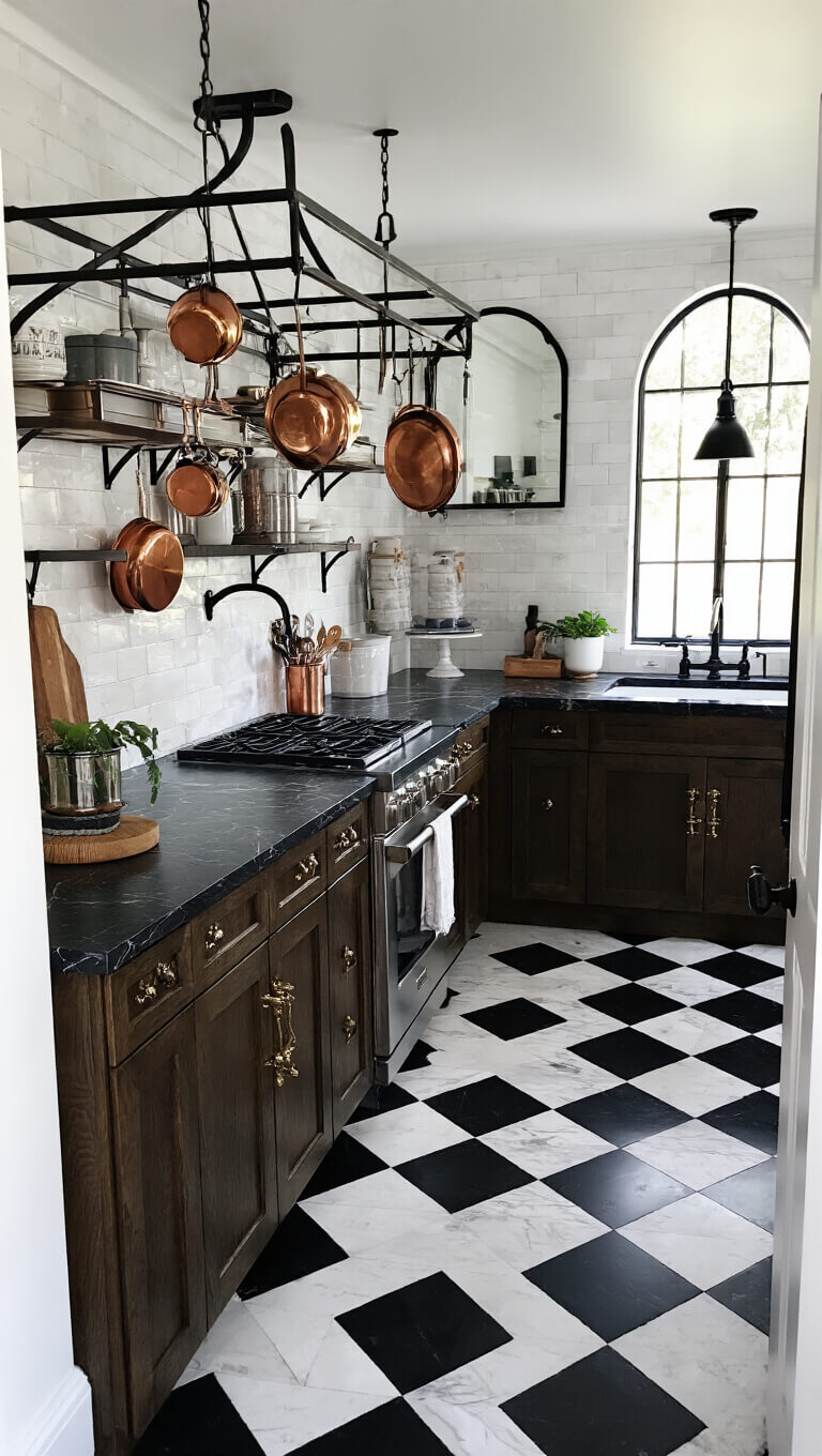 Luxurious utility room with black marble and brass countertops, dark oak cabinets, copper pots on wrought iron rack, checkerboard tile floor, and gothic mirror reflecting morning light.