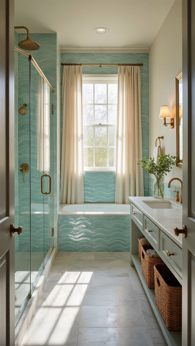 Bright, serene master bathroom with sunlit walk-in shower, aqua wave-pattern tiles, brushed brass fixtures, white marble counters, and driftwood-gray vanity.