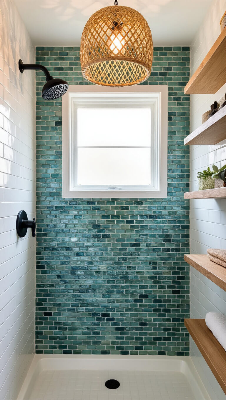 Compact 5x8ft powder room shower with sea glass mosaic accent wall, matte black fixtures, rattan pendant light, floating shelves with accent lighting, and golden hour light through frosted window.