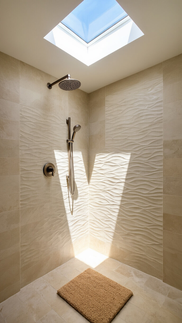 Luxurious 8x10ft shower room with skylight, marble-look beige tiles, brushed nickel rainfall showerhead, wave-textured feature wall, and natural fiber mat, bathed in midday sunlight.