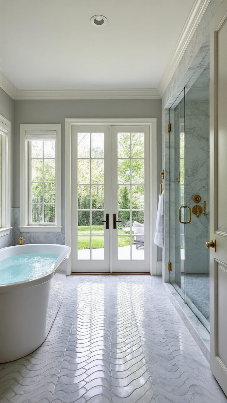 Luxurious 15x20ft master bathroom with marble tile, freestanding tub, walk-in shower, brass fixtures, and French doors to private garden.