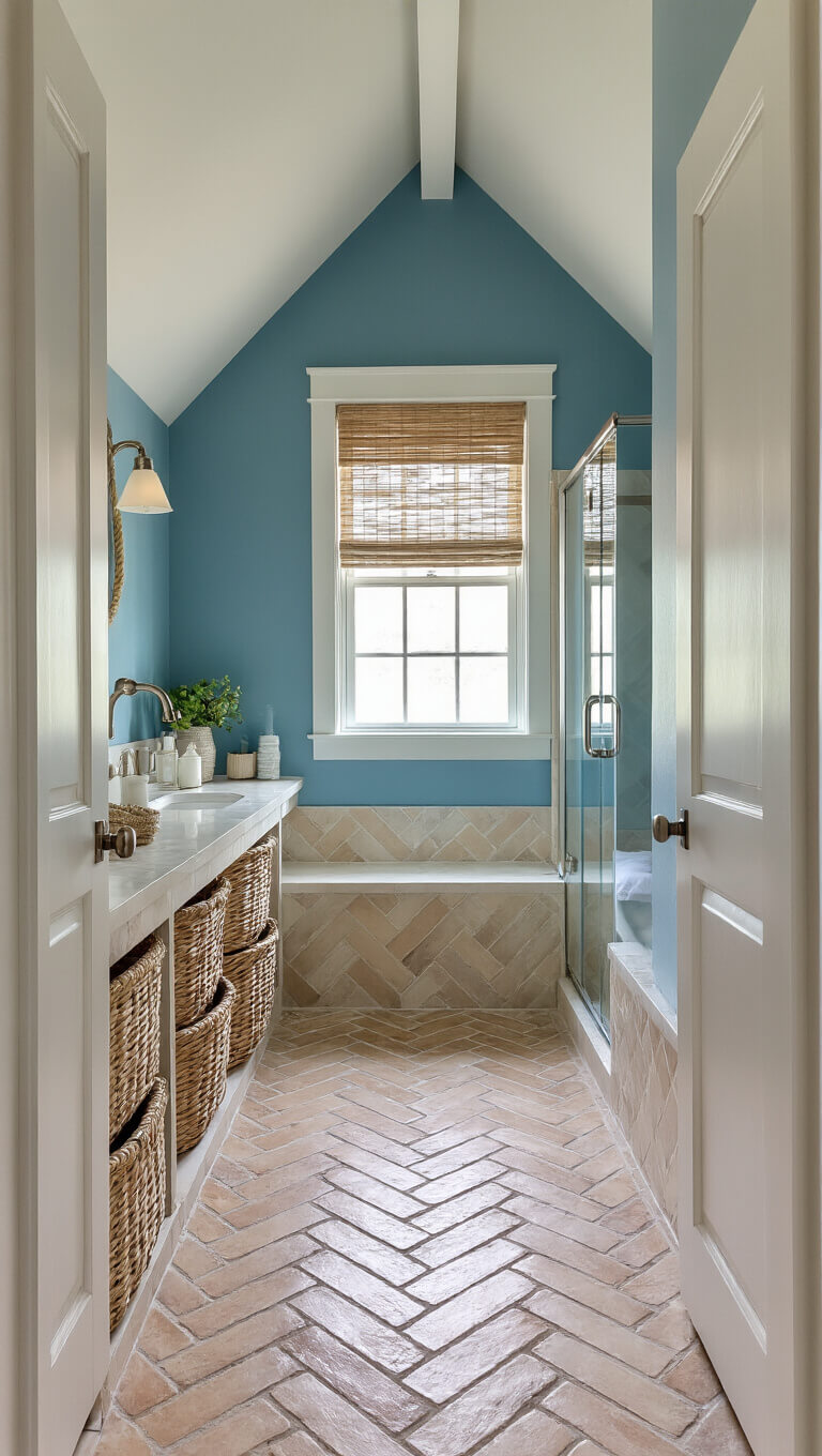 Small coastal-themed guest bathroom with sandy herringbone tile, blue accent wall, glass shower, and natural rattan accents.