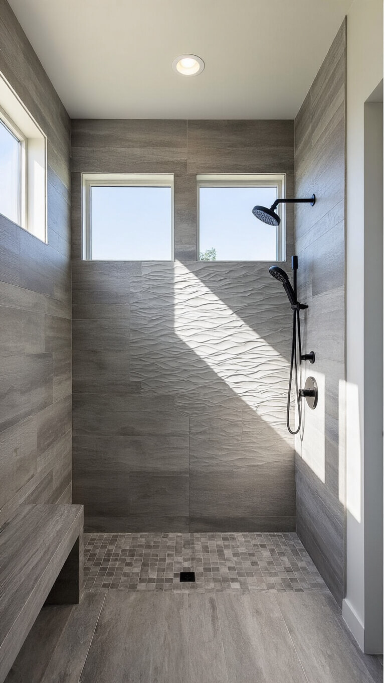 Contemporary coastal bathroom with driftwood gray tiles, double matte black rainfall showers, white wave accent wall, and clerestory windows casting dramatic afternoon shadows.