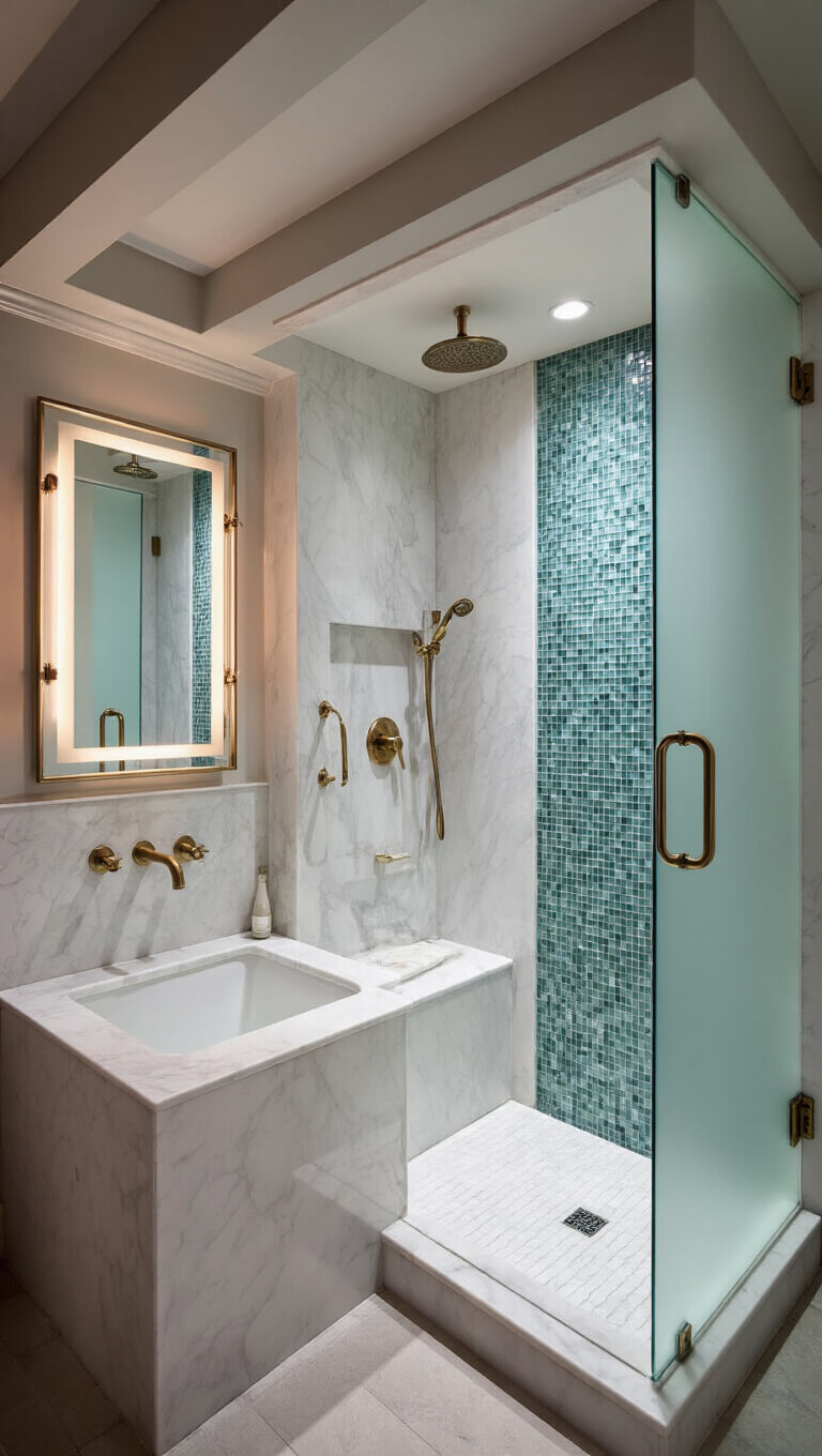 Luxurious boutique hotel-style bathroom with dramatic evening lighting, white marble shower, sea glass mosaic inlay, mixed metal fixtures, and textured glass door.