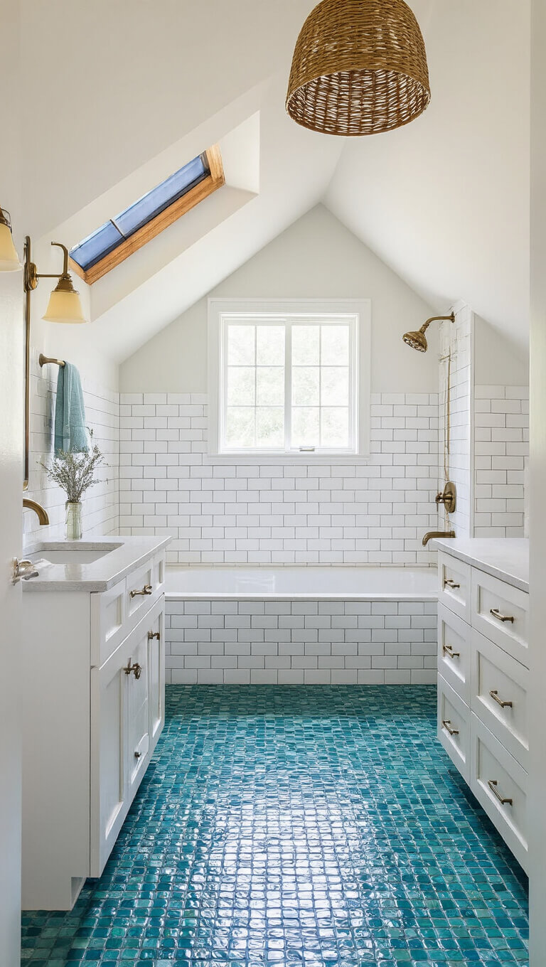 Family bathroom with vaulted ceiling, skylight, brass fixtures, white subway tiles, blue-green penny tile floor, and woven light fixture.