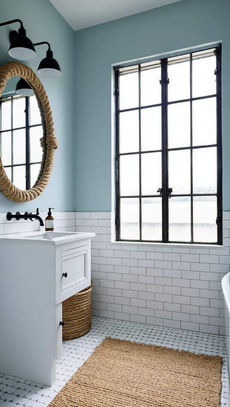 Urban coastal bathroom with morning light streaming through industrial windows onto white penny tile floor, featuring matte black fixtures, pale blue walls, rope-wrapped mirror, and jute rug.
