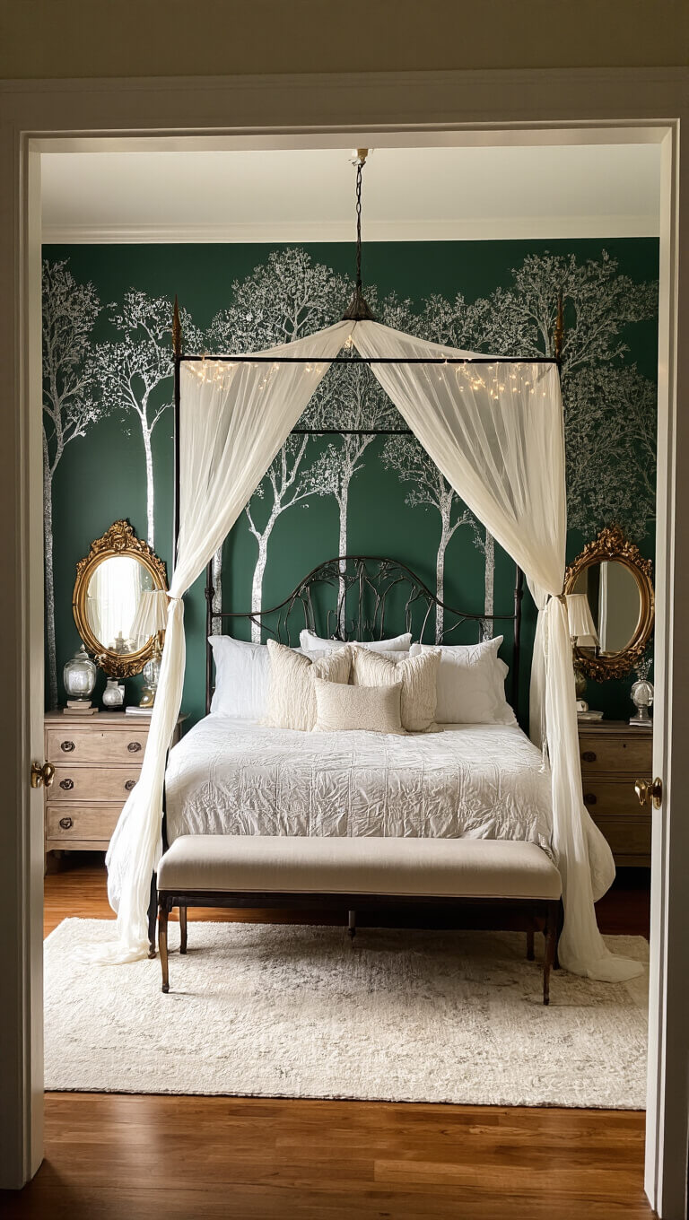 Golden hour light filters through sheer curtains onto a dramatic iron canopy bed with ivory organza, set against a forest green mural with silver trees in a cozy 14x16ft bedroom.