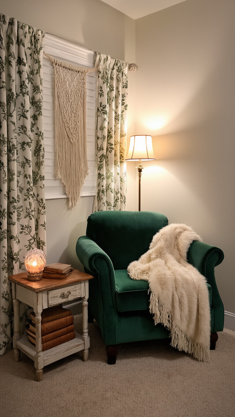 Cozy bedroom corner with a deep green velvet reading chair under a window with botanical curtains, lit by a salt lamp and copper fairy lights, featuring a macramé wall hanging, oatmeal faux fur throw, and a rustic side table with books and a crystal lamp.