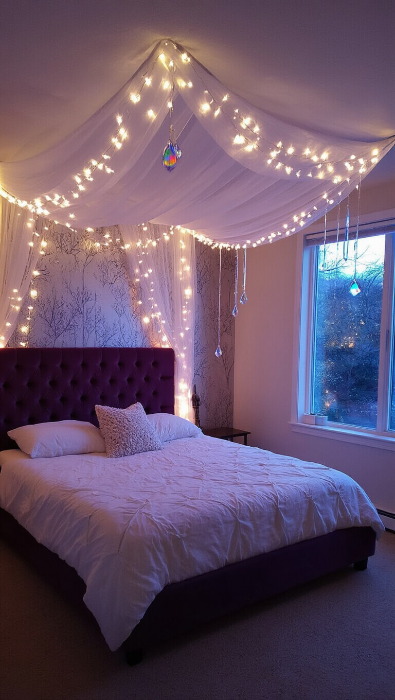 Cozy 10x12ft bedroom at twilight with sheer canopy of string lights, amethyst velvet platform bed, metallic tree-patterned wallpaper, and crystal prisms casting rainbows near window.