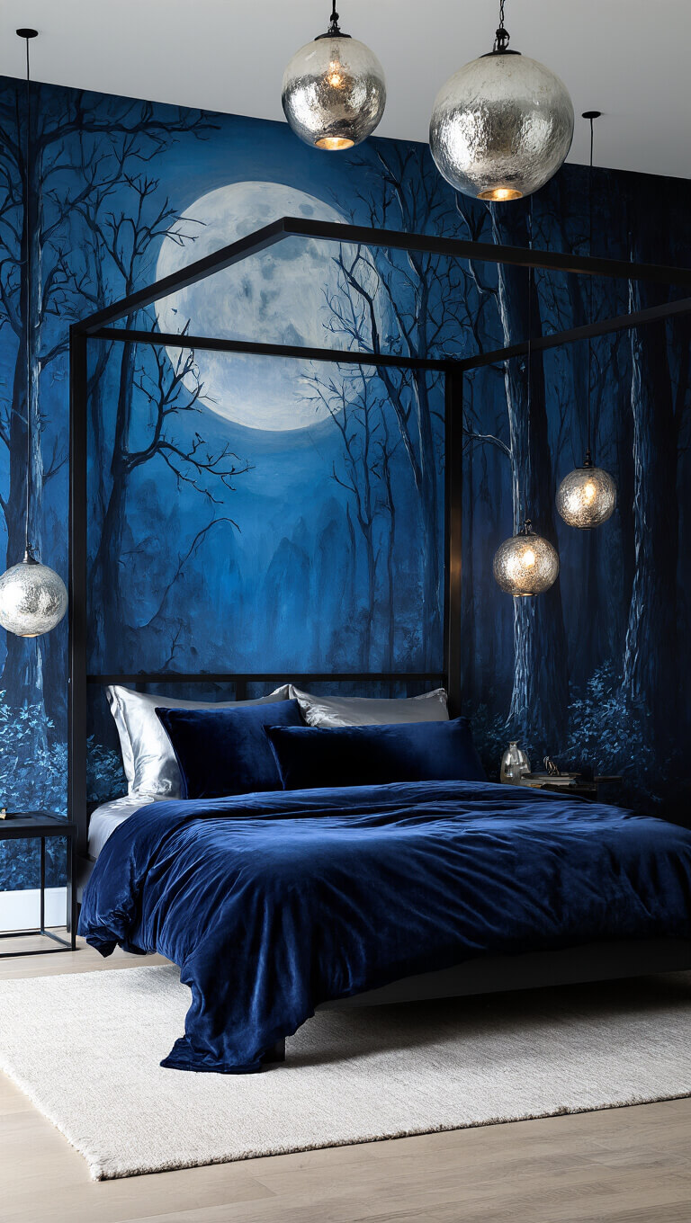 Low-angle nighttime view of 14x14ft bedroom with moonlit forest mural, four-poster bed in midnight blue and silver, and floating mercury glass pendant lights.