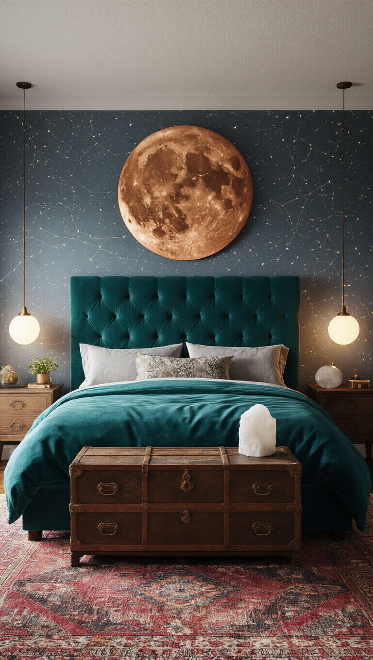 Symmetrical bedroom at dusk with teal tufted headboard, copper moon mirror, constellation wallpaper, vintage chest nightstand with selenite lamp, and layered jewel-toned rugs.