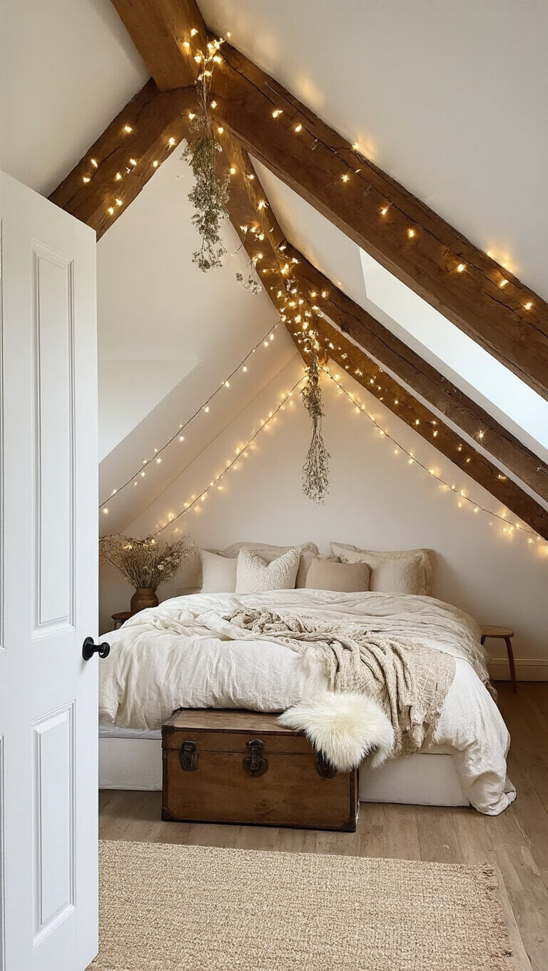 Cozy attic bedroom with exposed wooden beams, fairy lights, low platform bed with cream linens and faux fur, vintage trunk at foot, and dried flowers hanging from rafters.