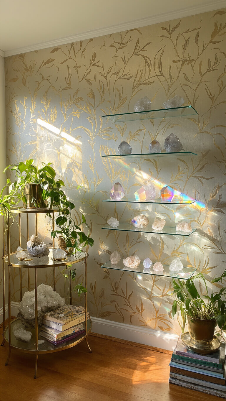 Sunlit bedroom corner with floating glass shelves displaying crystals, metallic leaf-patterned wallpaper, and vintage brass étagère with plants and books.