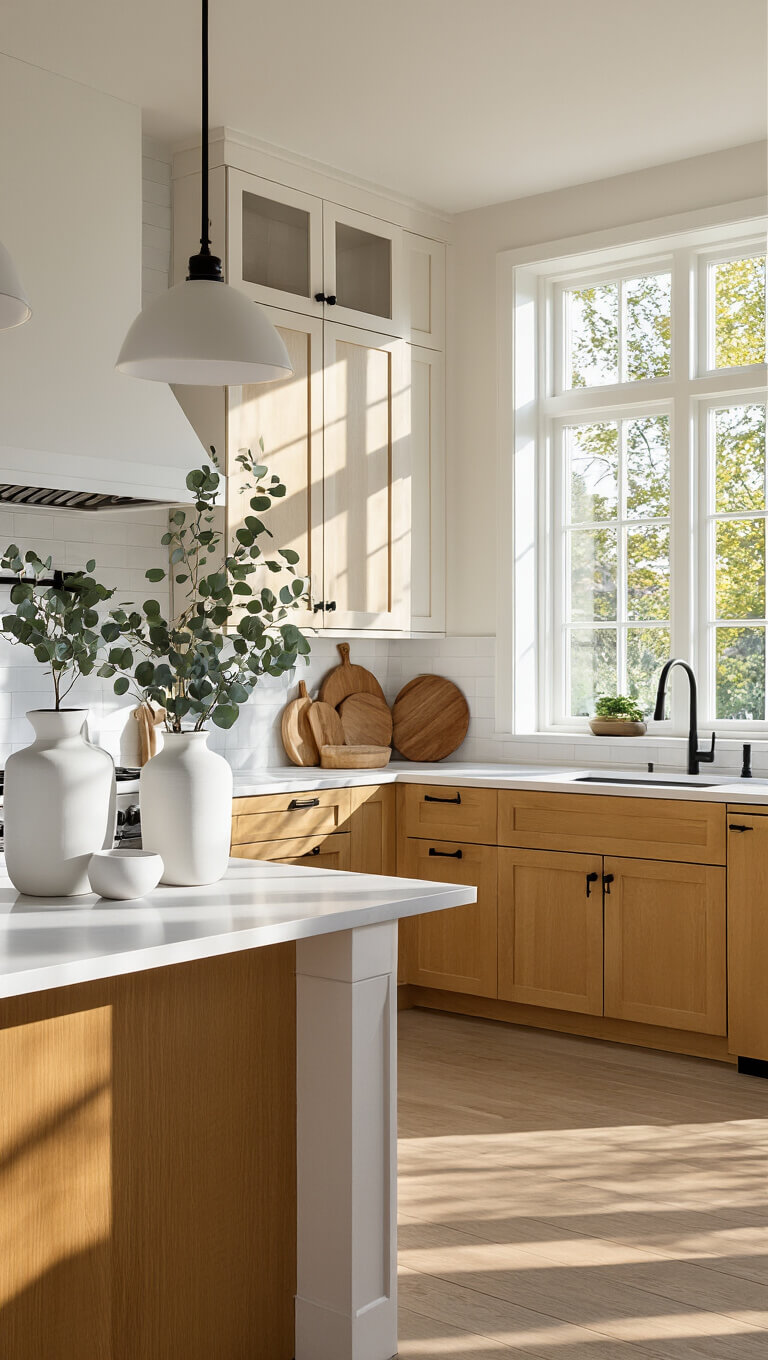 Scandinavian-style kitchen with tall birch cabinets, white quartz waterfall island, matte black hardware, and sunlit natural wood tones.