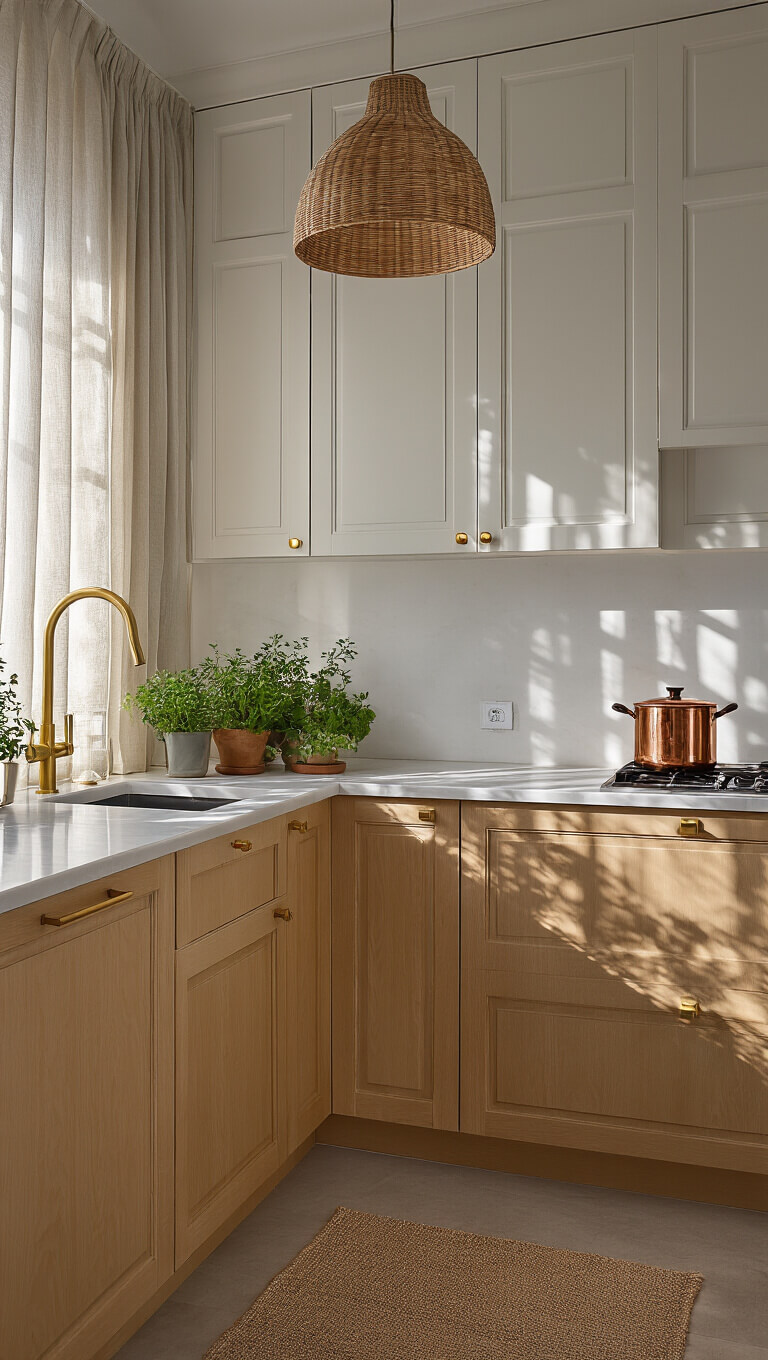L-shaped birch kitchen at golden hour with marble counters, brass fixtures, and ambient lighting, viewed from a 45-degree angle.