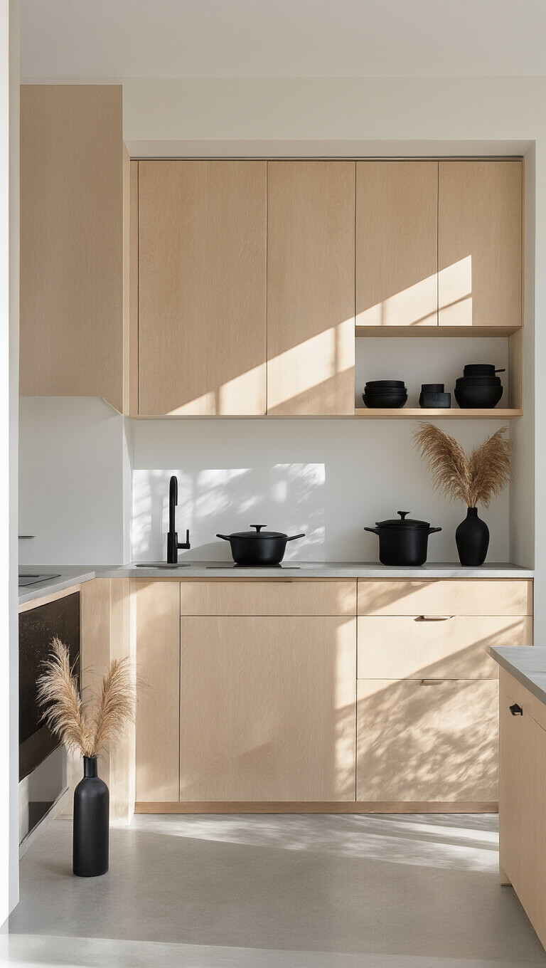 Minimalist 8x14ft galley kitchen with floor-to-ceiling birch cabinets, concrete counters, steel appliances, and black accents, styled with pampas grass in a ceramic vase and black cookware on open shelves.