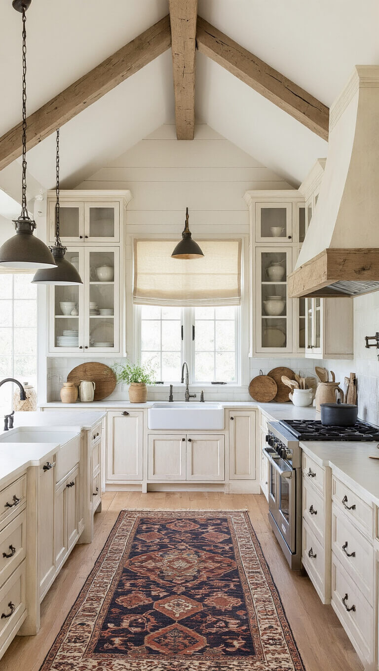 Farmhouse-style kitchen with whitewashed birch cabinets, vaulted ceiling, vintage rug runners, and natural morning light through Roman shades.