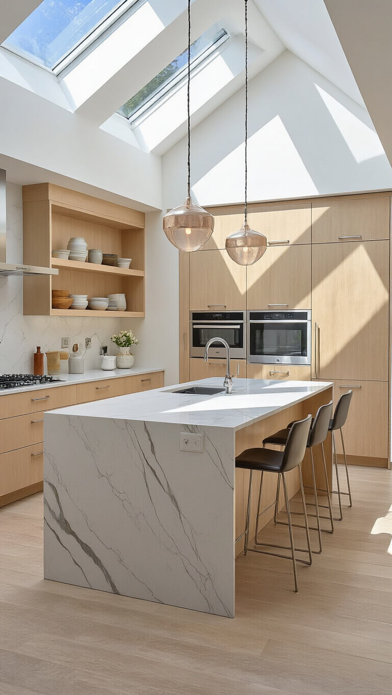 Contemporary open-concept kitchen with birch waterfall island, skylight shadows, floor-to-ceiling cabinets, and modern accents.