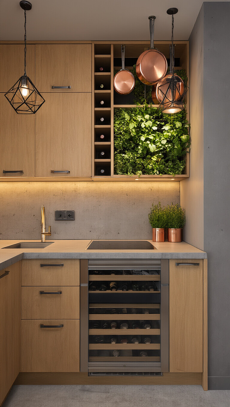 Low-angle view of a compact 10x12 ft urban kitchen with birch cabinets, custom wine storage, and hanging copper pots; features vertical herb garden, geometric pendant light, and under-cabinet LED lighting in a moody evening setting.