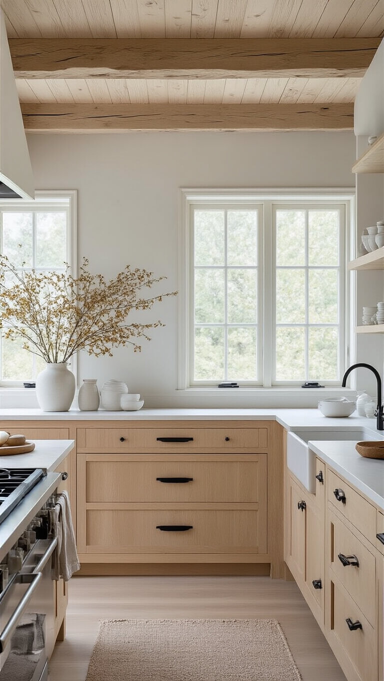Nordic-inspired kitchen with birch cabinets and beams, frosted window light, white ceramics, and minimal decor in a bright, natural palette.
