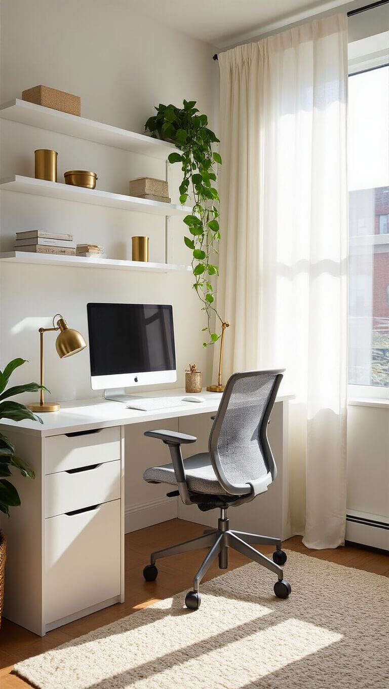 Sunlit modern home office in apartment corner with floating desk, ergonomic chair, brass accents, and minimalist decor.