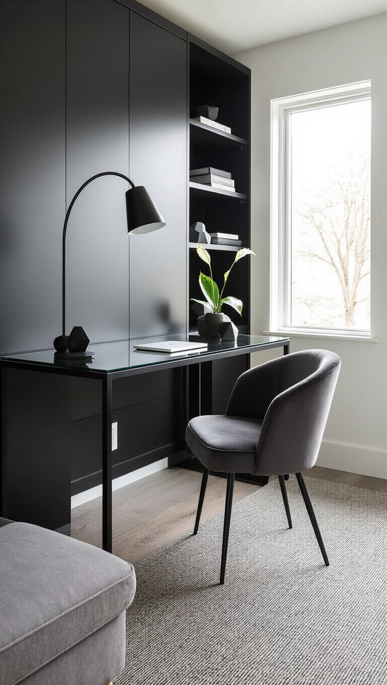 Behind-sofa workspace with glass-top black console desk, charcoal velvet task chair, arc floor lamp, vertical black and white storage, and minimal décor in cool morning light.