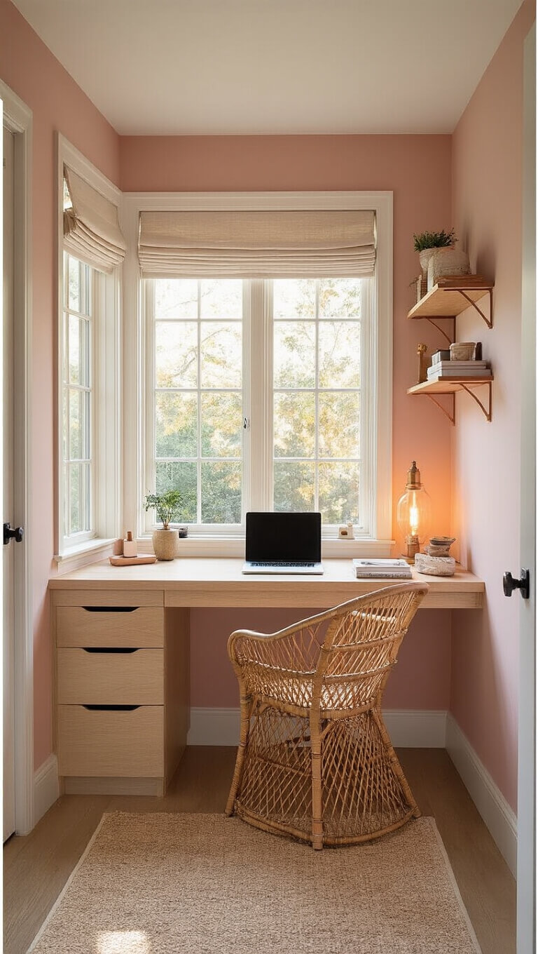 Golden hour light fills a cozy window nook office with a wall-to-wall bleached oak desk, blush pink accent wall, rattan peacock chair, floating copper shelves, and layered roman blinds and gauzy curtains.