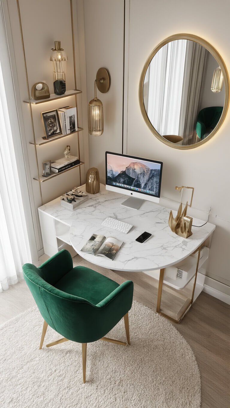 Compact corner home office with round white marble-effect desk, emerald velvet chair, gold wall-mounted storage, curved monitor, and large mirror enhancing light and space.