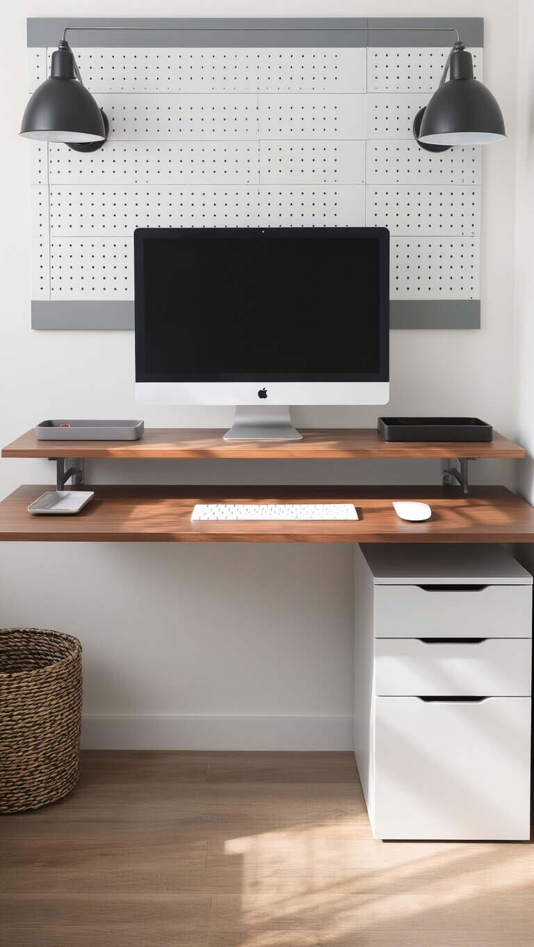 Modern minimalist workspace in small studio with wall-mounted walnut desk, side lighting, white filing cabinet, grey pegboard, and clean tech setup.