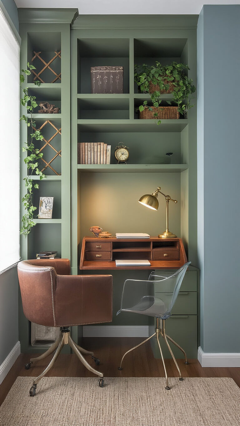 Cozy apartment office nook with sage green built-ins, compact secretary desk, ghost chair, and warm lighting during blue hour.