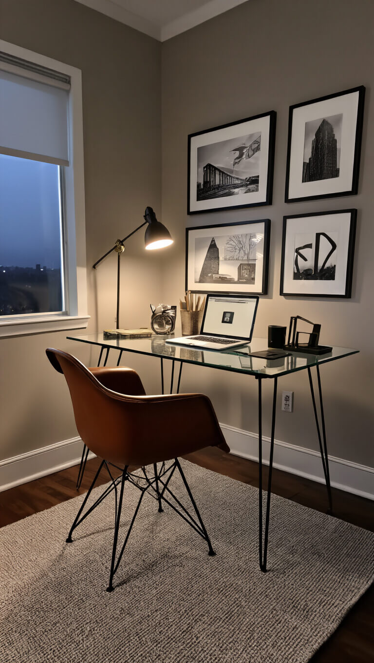 Contemporary home office corner with glass desk, Eames-style cognac leather chair, moody lighting, and gallery wall of black and white prints.