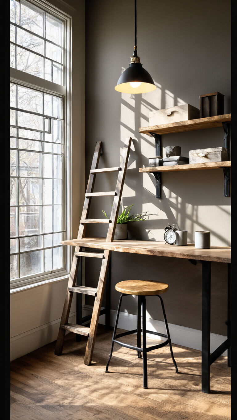 Low-angle view of compact industrial-style workspace with black steel and reclaimed wood ladder desk, pendant lighting, tension-mounted vertical shelving, and sculptural concrete and brass accessories.