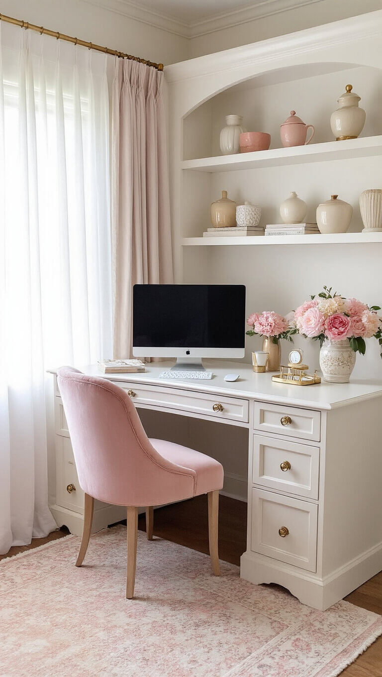 Feminine home office with vintage white desk, blush pink velvet chair, and soft morning light filtering through sheer curtains.