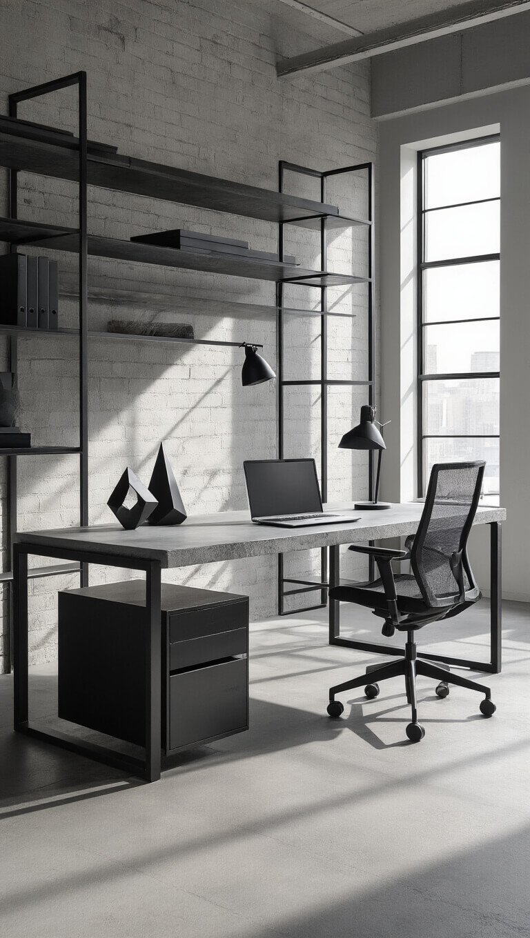 Modern-industrial workspace with concrete and steel cantilever desk, black mesh chair, bold side lighting, and greyscale decor including matte tech accessories and geometric sculptures.