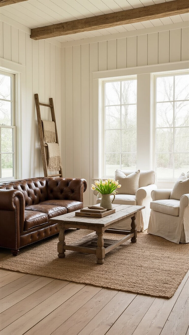 Sunlit farmhouse living room with white oak floors, creamy board-and-batten walls, leather Chesterfield sofa, linen armchairs, layered rugs, and tulips on a rustic coffee table.