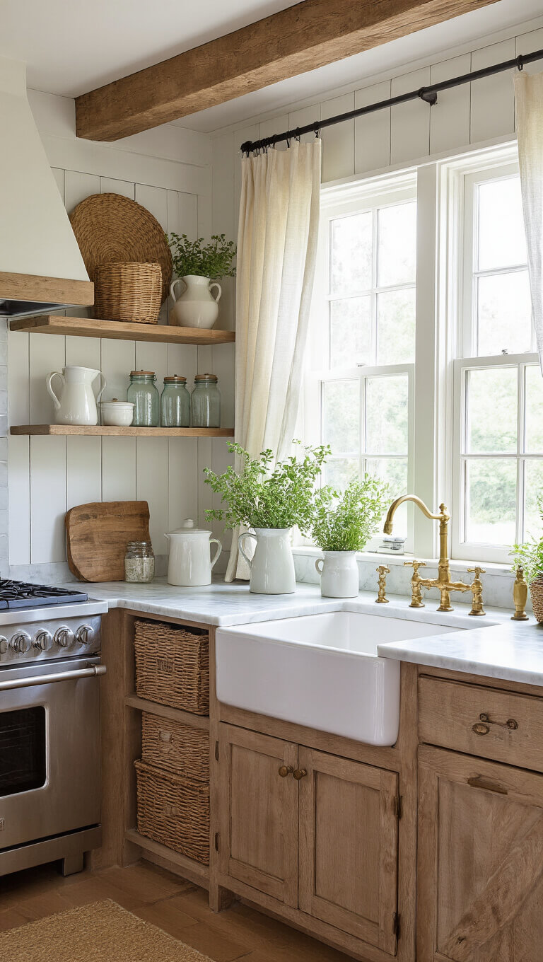 Low-angle view of a bright farmhouse kitchen with shiplap ceiling, marble countertops, vintage sink, open shelving with ironstone and herbs, and morning light filtering through cafe curtains.