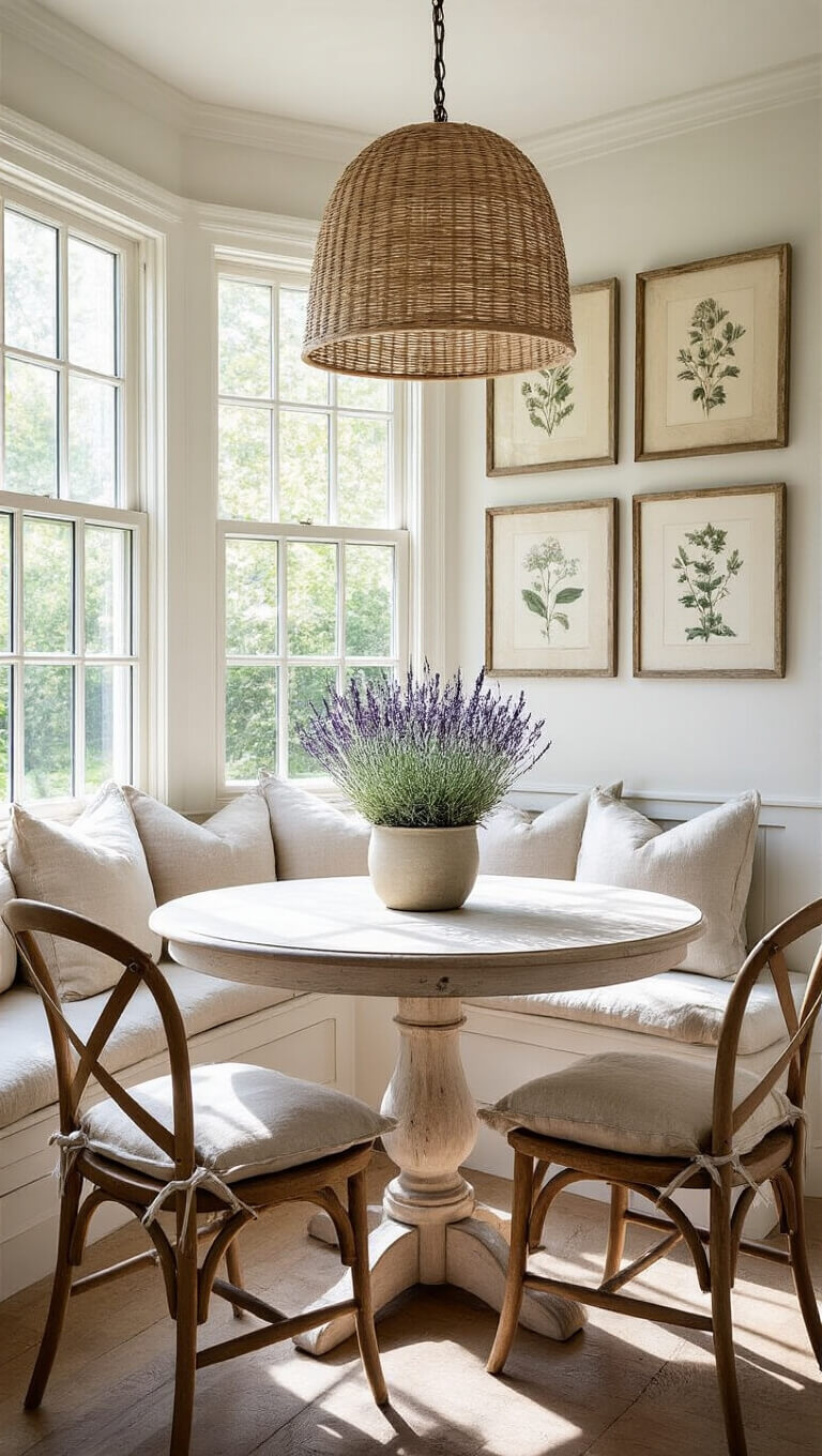 Cozy 8x8ft breakfast nook with bay window, round weathered white oak table featuring potted lavender and sage, surrounded by vintage chairs with linen cushions; botanical print gallery wall and woven pendant lamp in soft late afternoon light.