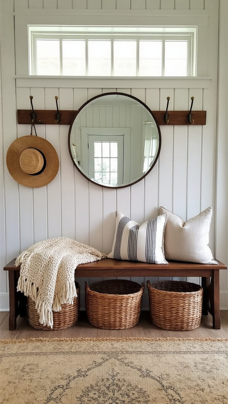 Farmhouse entryway with beadboard wainscoting, vintage bench, brass hooks holding baskets and hats, circular mirror, and patterned runner.