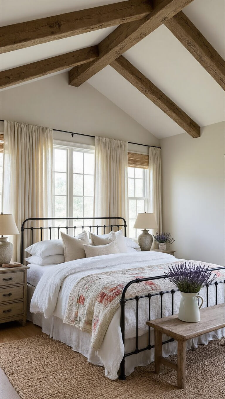 Wide-angle view of a 16x14ft master bedroom with vaulted ceiling, exposed beams, iron bed with white layered bedding and vintage quilt, weathered nightstands with ceramic lamps, and morning light filtering through linen curtains.
