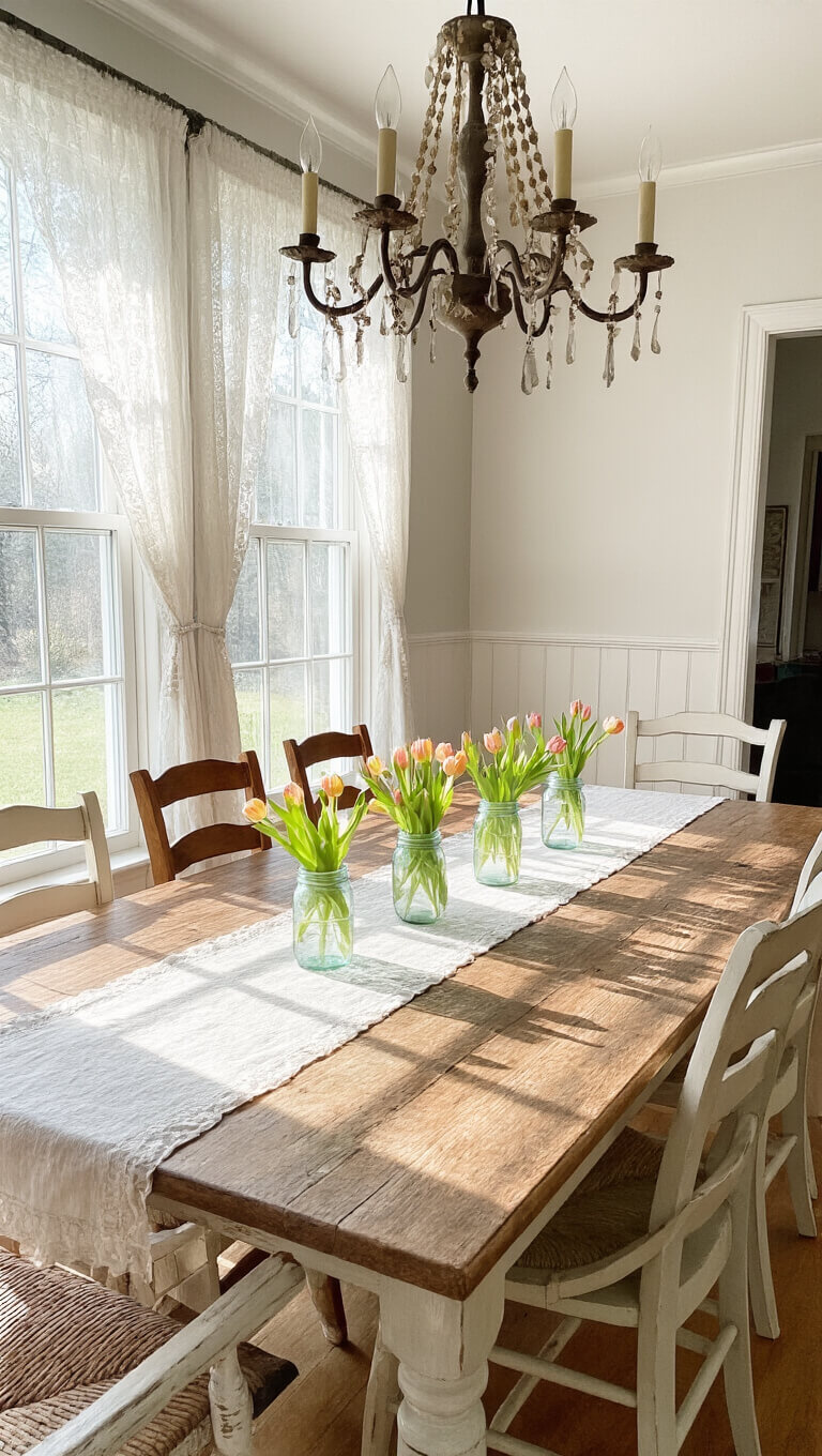 Shabby chic dining room with vintage chandelier, lace-curtained windows casting dappled sunlight, and reclaimed wood farmhouse table set with mason jar tulip centerpieces.