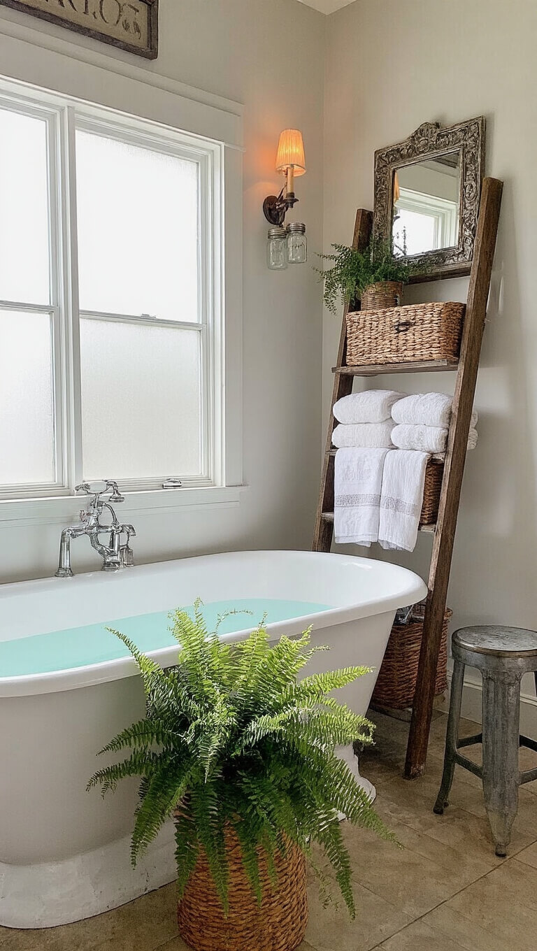Farmhouse bathroom with clawfoot tub, vintage ladder shelf, antique mirror, and soft morning light through frosted window.
