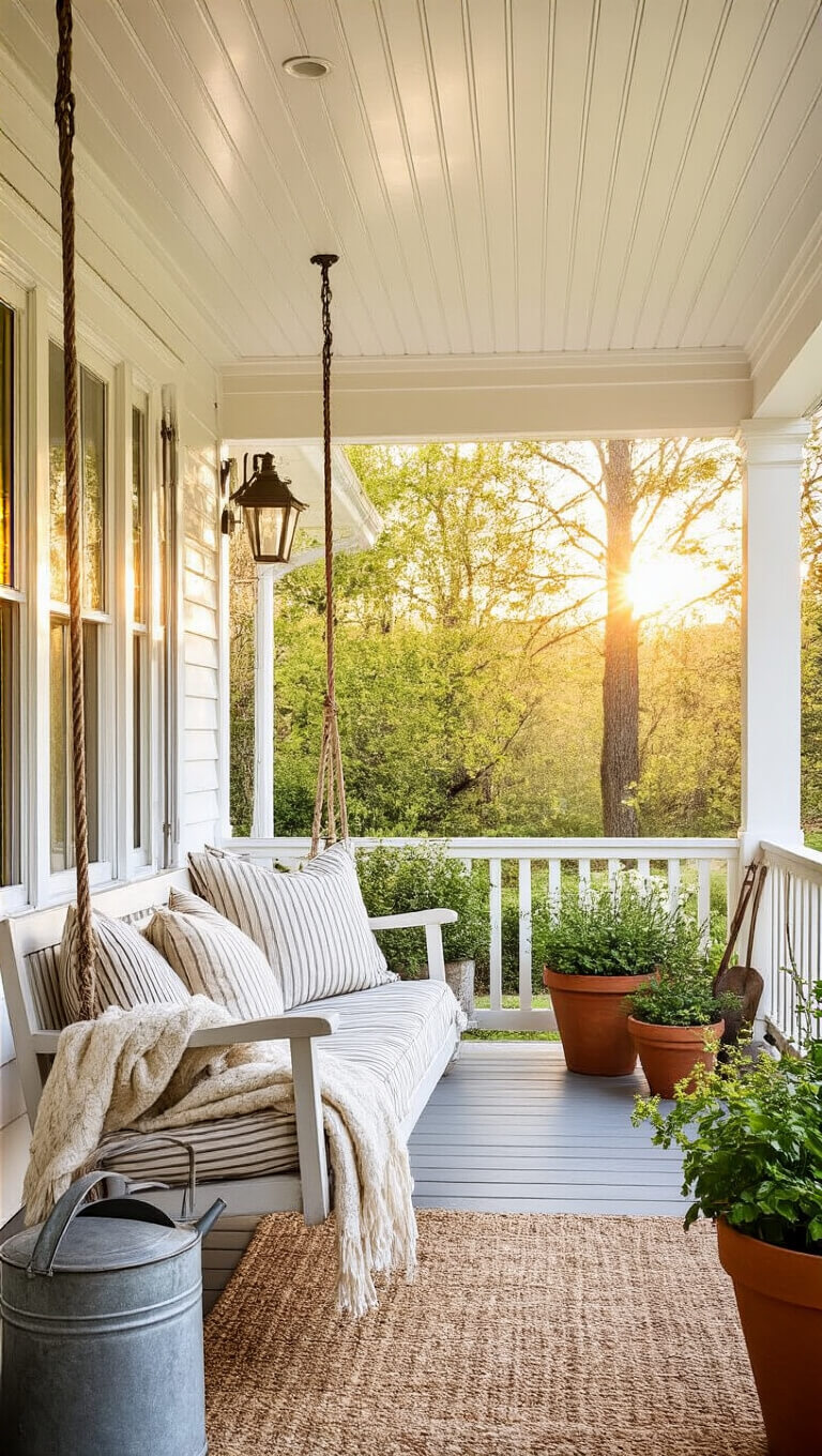 Low angle view of a 16x8ft covered back porch with whitewashed ceiling glowing in golden hour light, featuring a vintage porch swing with striped cushions, throw blankets, terra cotta pots of herbs and flowers, a galvanized watering can, and vintage garden tools.