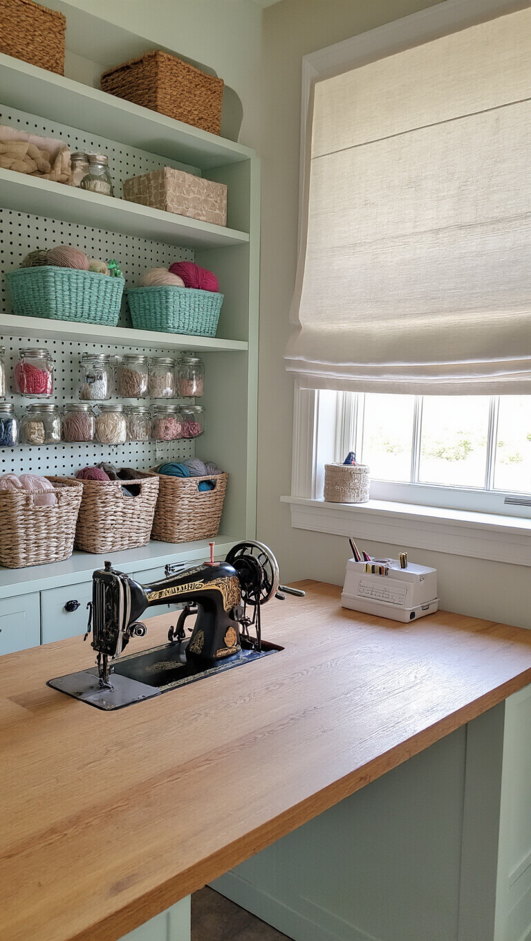 Craft room with built-in shelving, farmhouse table, vintage sewing machine, yarn in baskets, mason jars of supplies, mint pegboard wall, morning light through Roman shades; top-down view highlighting organization.