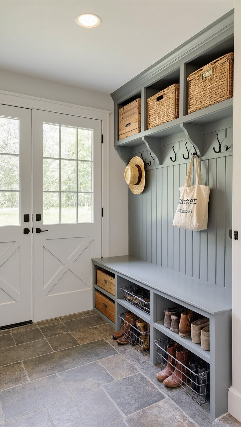 Mudroom with custom gray beadboard lockers, vintage crates for shoes, wire baskets for accessories, and a Dutch door providing natural light.