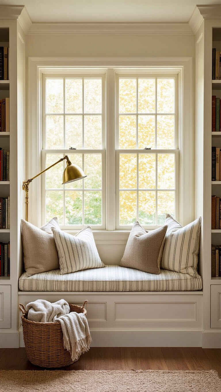 Cozy 8x8ft reading nook with creamy white built-in bookshelves, a window seat in golden afternoon light, vintage ticking stripe cushion, assorted pillows, brass library lamp, and woven basket with throw blankets.