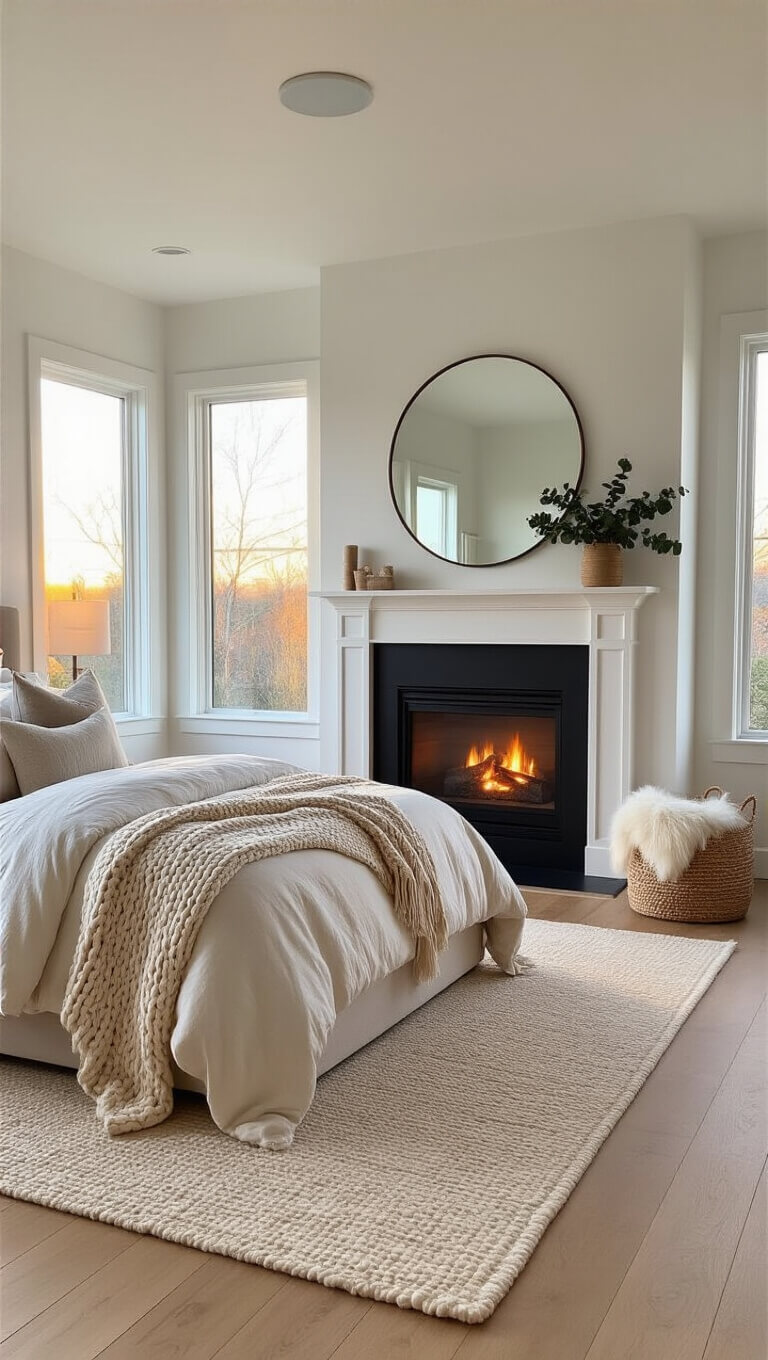 Nordic-style master bedroom at golden hour with electric fireplace, ivory bedding, and warm natural light.