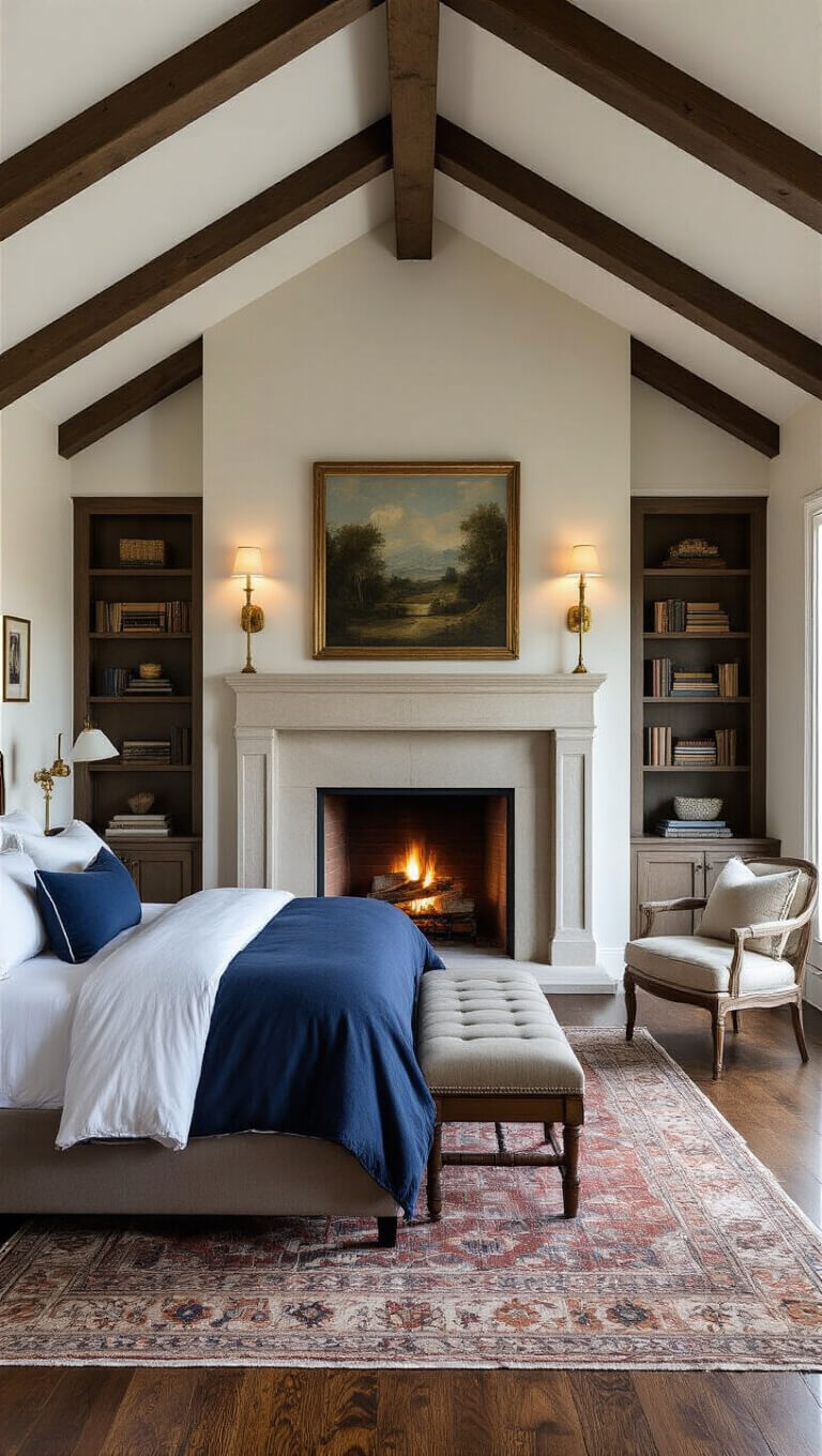Modern-traditional bedroom with vaulted ceilings, exposed beams, stone fireplace, moody dusk lighting, navy and cream linens, and vintage decor.
