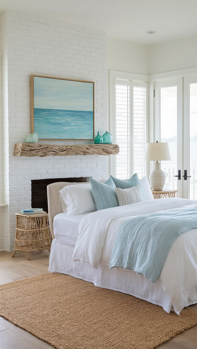 Coastal-style bedroom with white linen bed, sea glass decor, driftwood mantel, and French doors leading to balcony, bathed in natural midday light.
