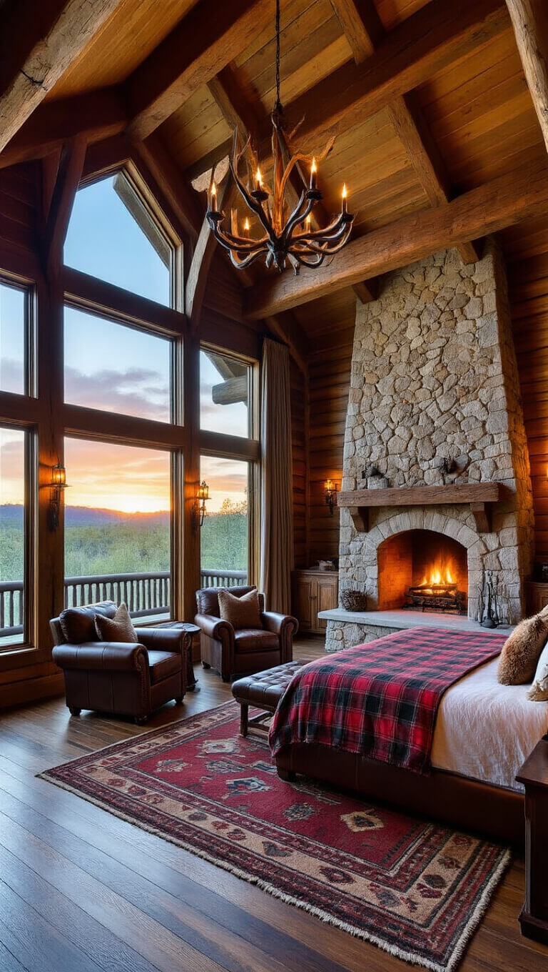 Rustic lodge bedroom with cathedral ceiling, large stone fireplace, leather seating, king bed with plaid and fur accents, dark wood floors, and antler chandelier at sunset.