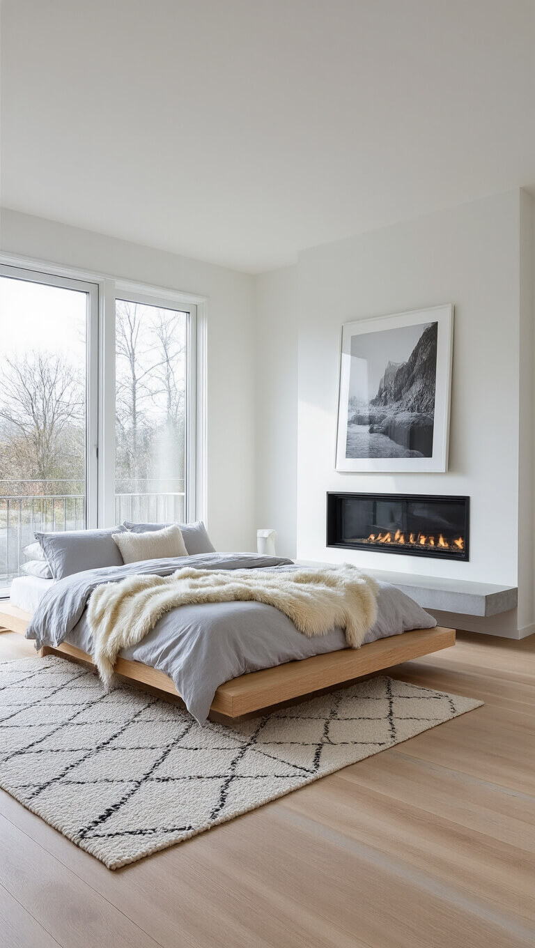 Minimalist Scandinavian bedroom with natural morning light, platform bed, wall-mounted fireplace, and floor-to-ceiling windows.